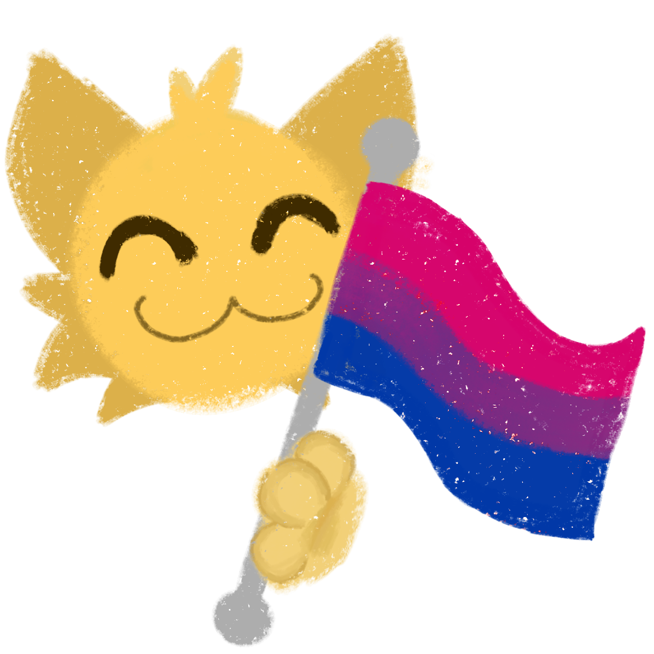 a cute, stylized, yellow cat-like character with a happy expression, holding a bi flag, which includes pink purple and blue The cat character has round, simple facial features, and the image has a textured look.